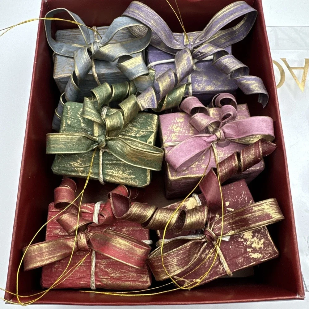 Vintage 80s Dansk‎ Christmas Ornaments Presents Paper Mache Ribbon Set 6 Box